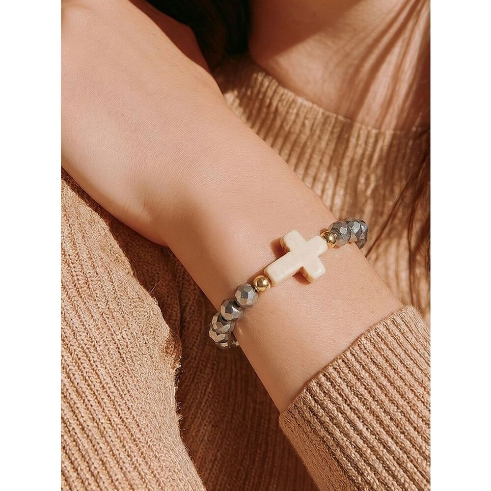 Faith Core Gunmetal Beaded Cross Bracelet Gold Accent Stretch Minimalist Silver